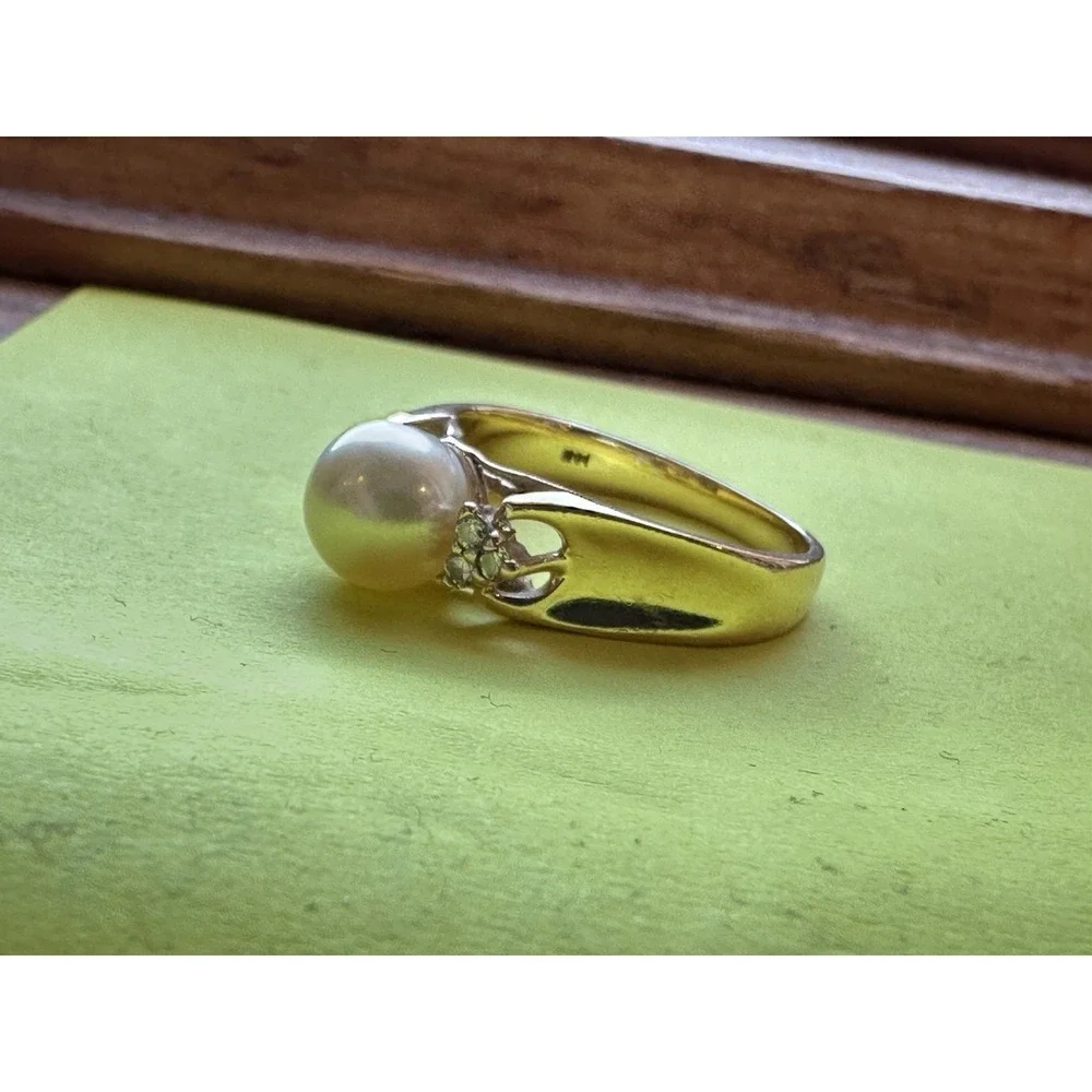 14K Gold Pearl & Diamond Ring Vintage Classic Setting Imprint‎ ADRG Heart size 7